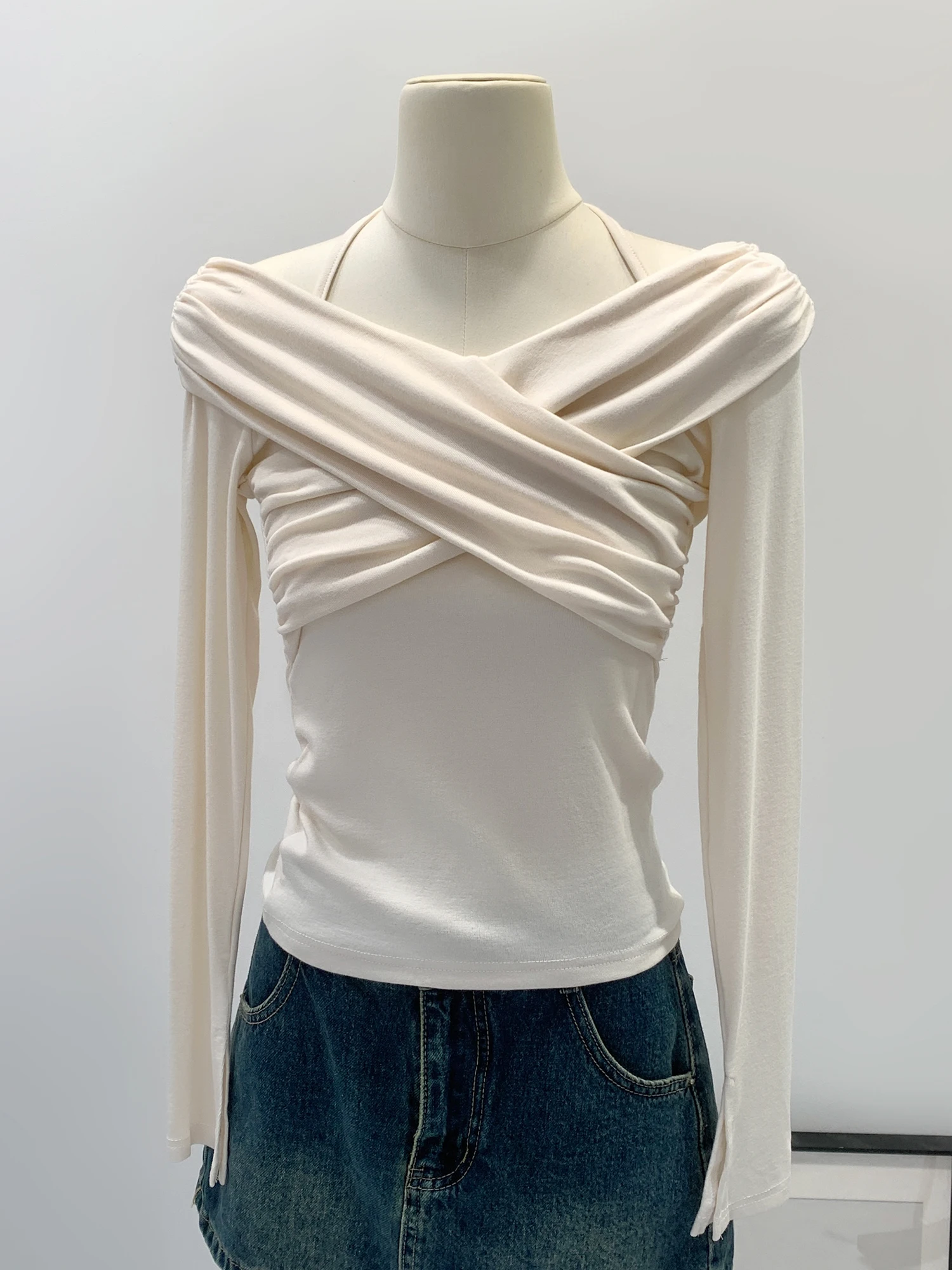 Pink Off-Shoulder Long Sleeve T-Shirt Women's Autumn Winter New Small Design Base Shirt Top Korean Style Slim Fit Cotton Blend