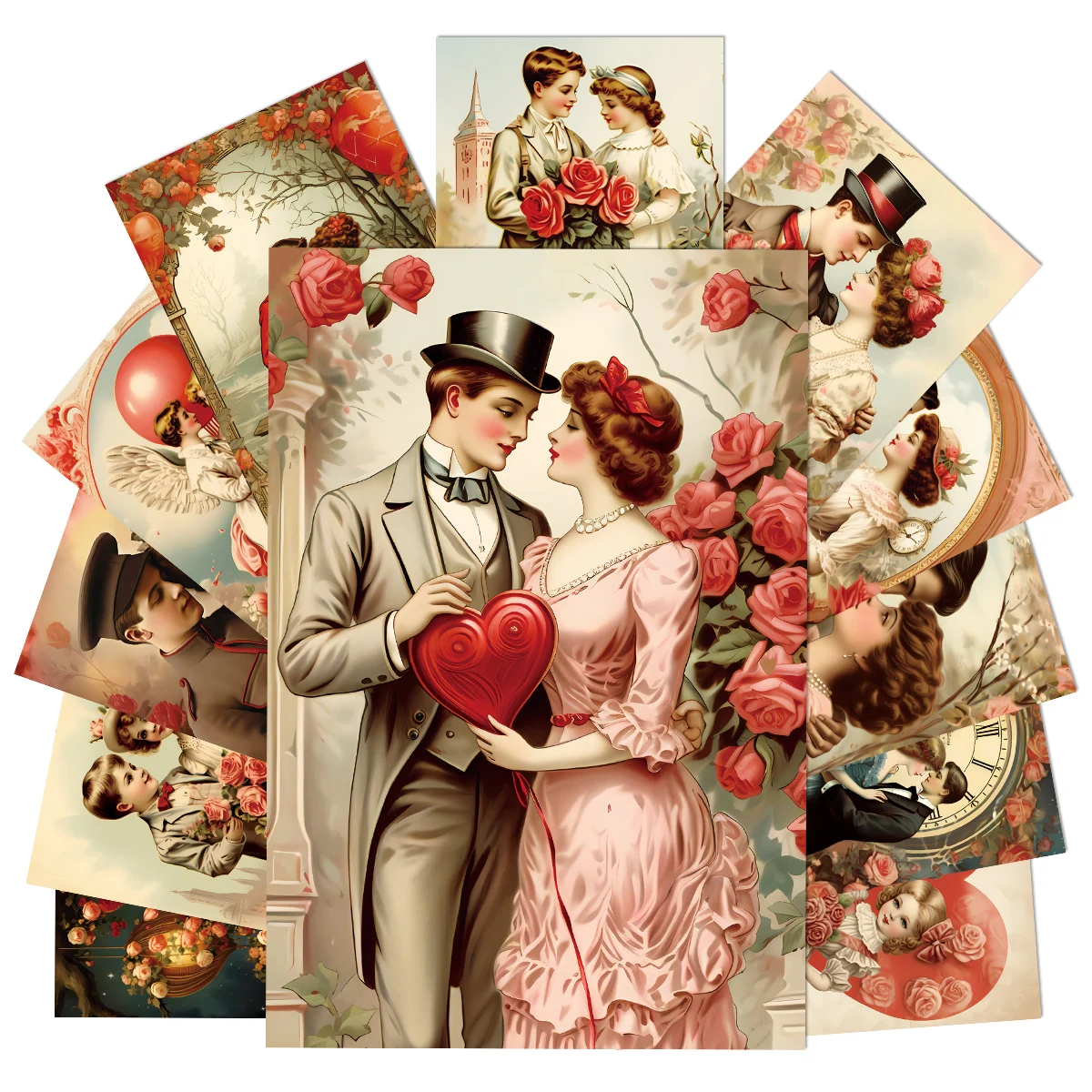 12-teiliges Vintage-Liebespaar-Postkarten-Set, Grußkarten im Rosenherz-Design, Wandkunstdrucke, Heimdekoration, Geschenk für Valentinstag und Hochzeit