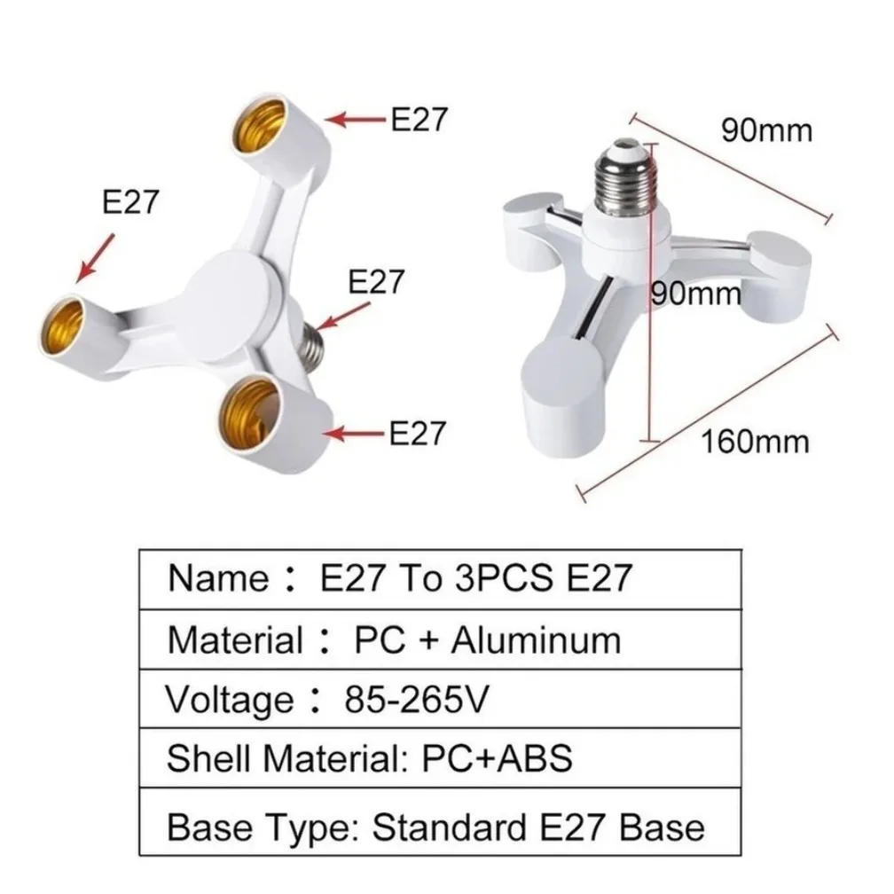 E27 To E27 Lamp Base 3 In 1 Lamp Holder Converter 1 to 3 Splitter E27-E27 Flame Retardant Lamp Socket Adapter For Light Bulb