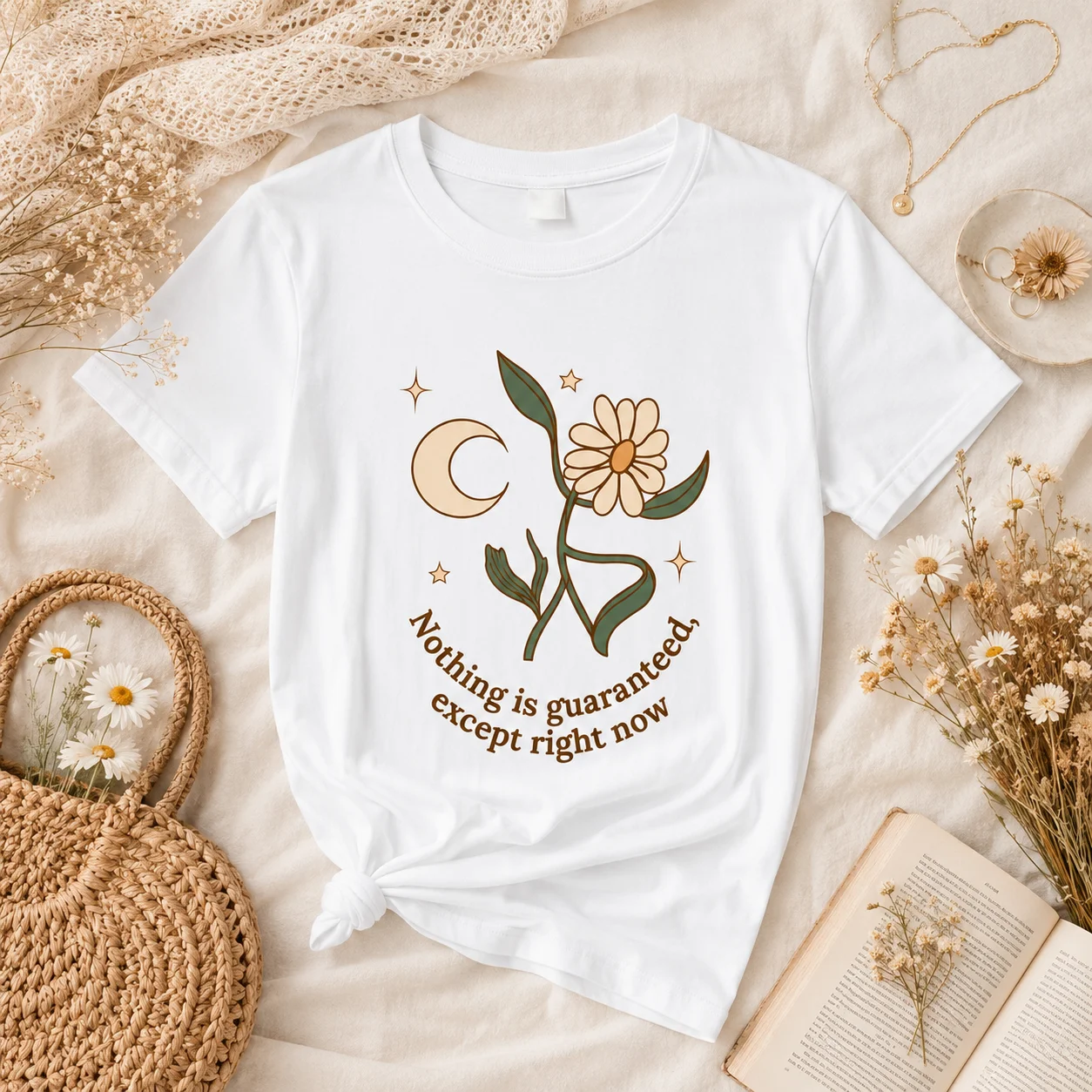100% Pure Cotton Women's Retro Bohemian Moon Daisy Graphic T-Shirt Inspirational Curved Letter Quote Casual Short Sleeved Top