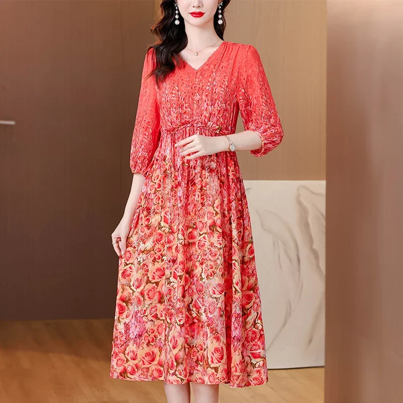 2025 봄 여름 꽃 실크 미디 드레스 여성 빈티지 Boho 패션 캐주얼 라이트 드레스 한국어 우아한 럭셔리 축제 Vestidos