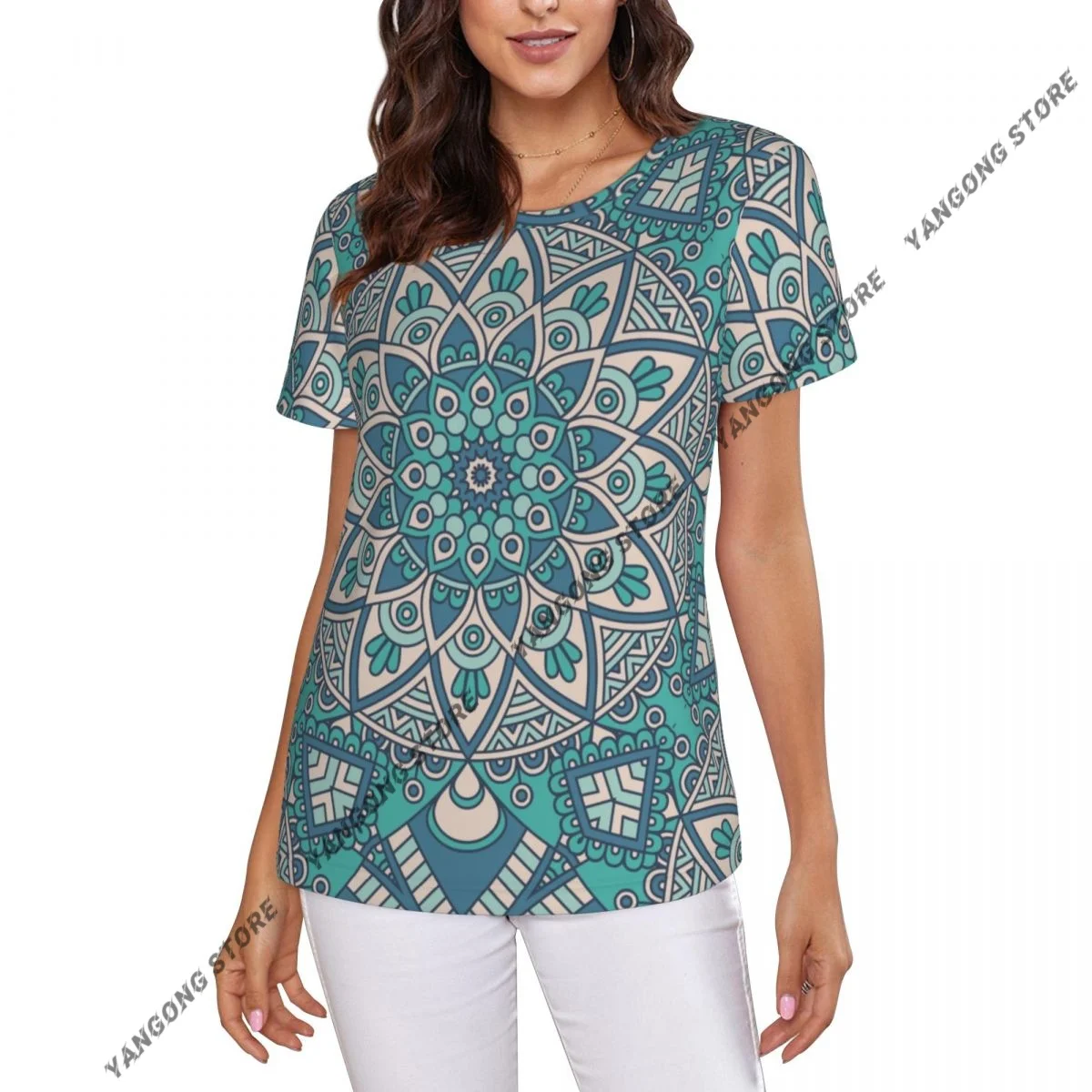 T Shirt Women Mandala Bohemian Print Tee Shirt Casual Round Neck Short Sleeve Streetwear Female T-Shirt