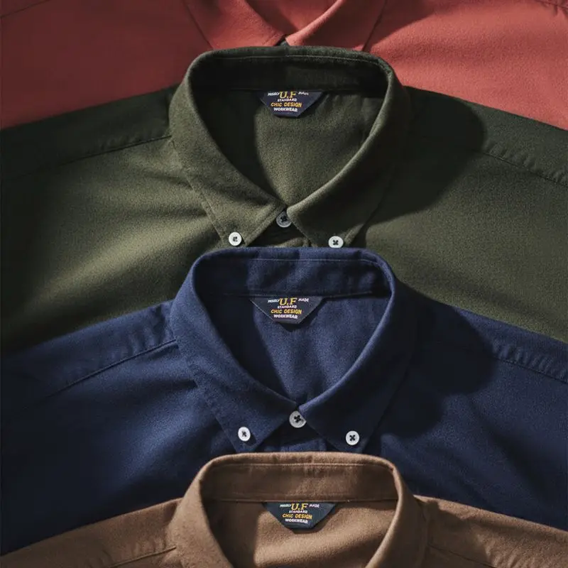 Maden Vintage Oxford Shirt Men's Brushed Cotton Long Sleeve Shirt  Single-breasted Blouse Solid Color Layering Top for Autumn