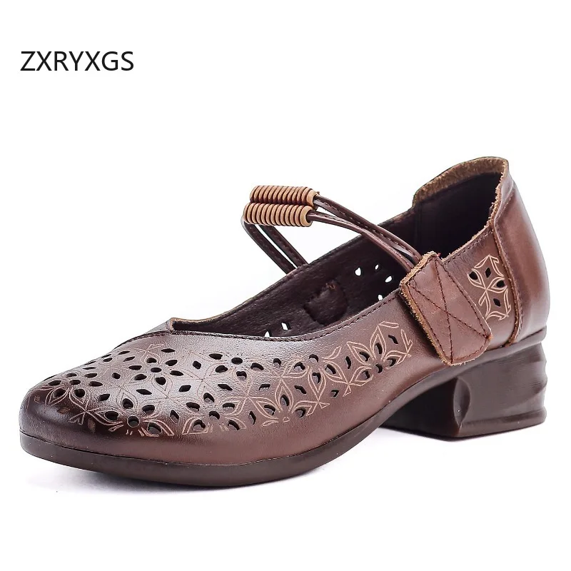 ZXRYXGS Promotion Genuine Leather Round Toe Hollow Shoes Modem Sandals 2026 Breathable Comfortable Women Mid Heel Sandals Tide