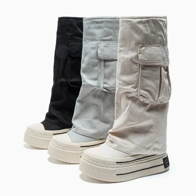 

2026 Fashion New Women Denim Canvas High Boots Height Increasing Sole 12CM Trendy Street Boots Zipper Open Pocket Platform Botas