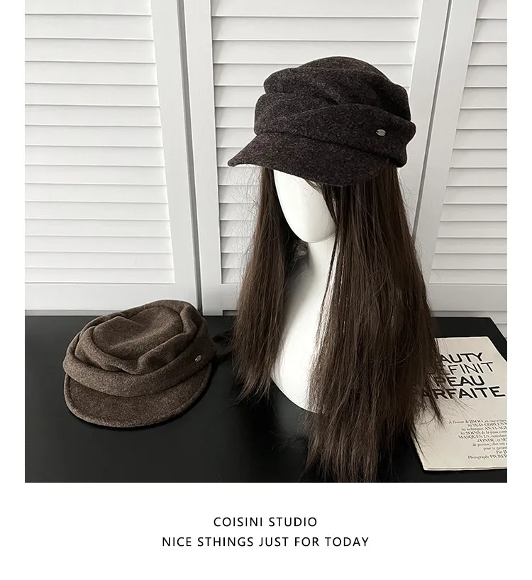 Koreanische Retro-Plissee-Wollmützen für Damen, Herbst-Winter-Reise, warm, vielseitig, schmaler Gesichtsrahmen, kleine literarische Reitermütze – Detail 7