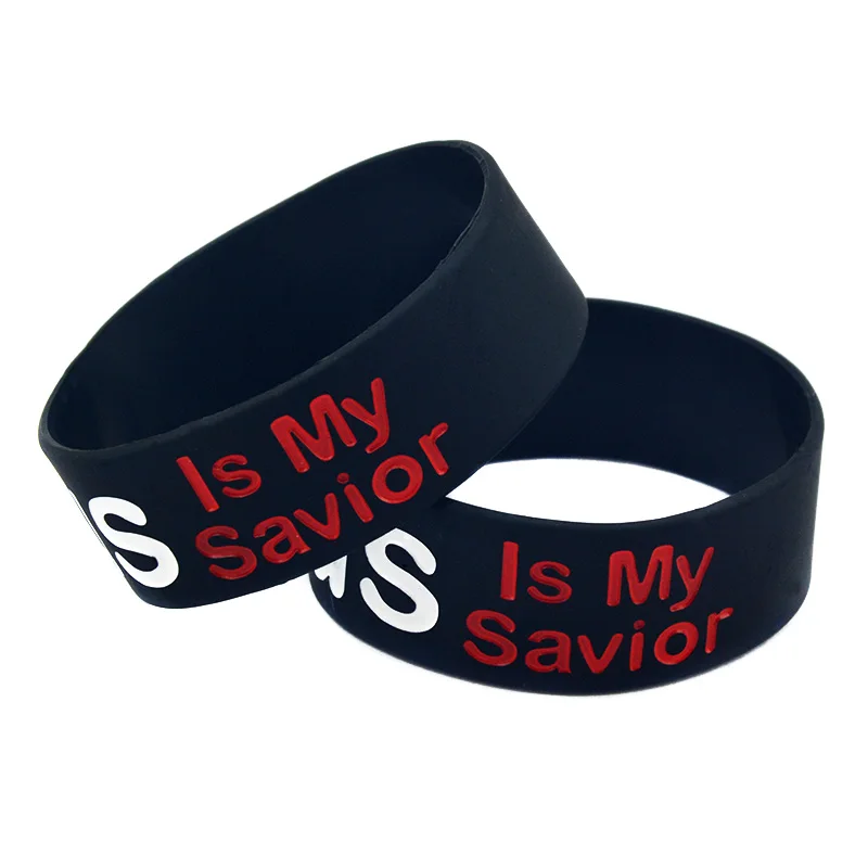 25 Stück Schwarzes Silikonarmband mit einem Zoll breitem Band, Jesus ist mein Erlöser, Glaubens-Thema, Gummiarmreif – Detail 2