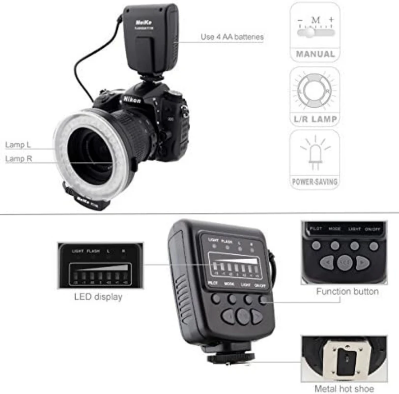 Meike MK-FC100 LED Macro Ring Flash Light Manual de trabalho universal para Canon Nikon Olympus