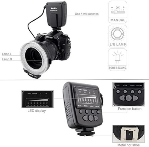 Imagen 2 del producto Meike MK-FC100 LED Macro anillo Flash luz Manual trabajo Universal para Canon Nikon Olympus