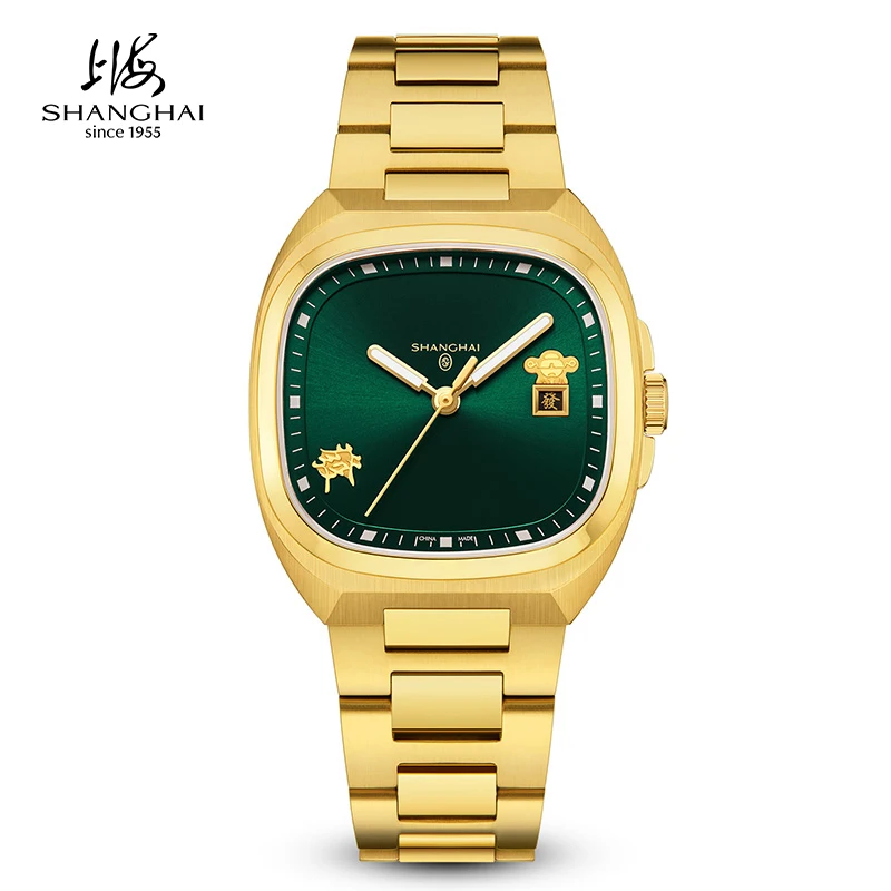 

Мужские роскошные автоматические механические часы Shanghai Watch 24k Glod с квадратным календарем, светящиеся, сапфировые, водонепроницаемые, SH031