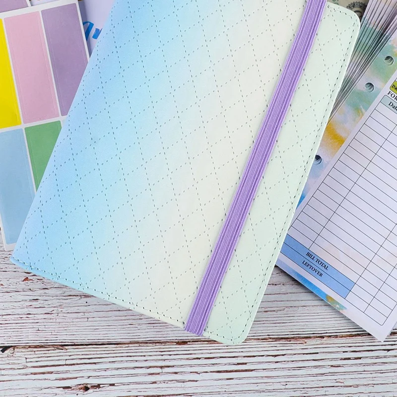 그라디언트 마카롱 바인더 핸드 레저 노트북, PU 가죽, 느슨한 잎 책, 현금 예산서, 지퍼 백 포함, A6