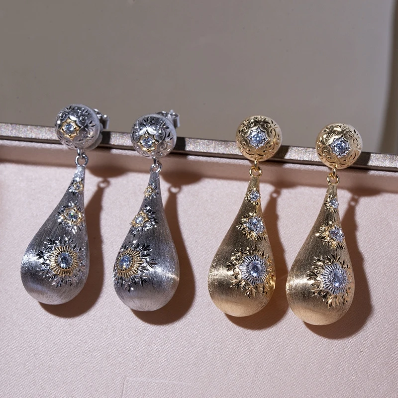 Bellux Vintage Gold Silver Brushed Teardrop Dangle Earrings Hand Carved Sunflower 925 Silver Zircon Earrings Italian Craft