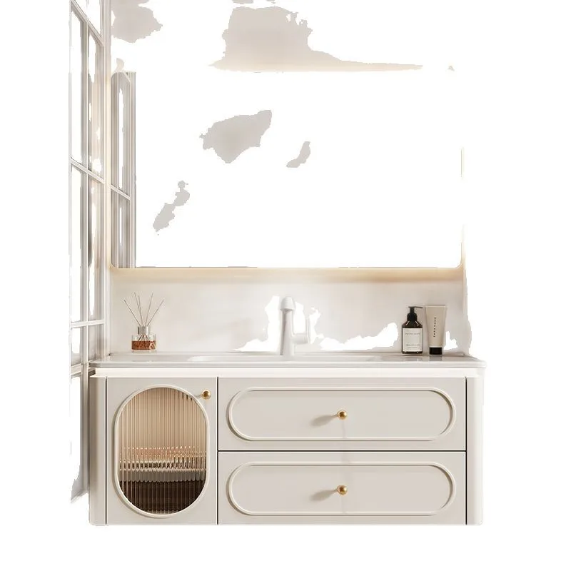 

Cream wind, integrated basin, ceramic, French, oak bathroom cabinet combination, hand wash basin countertop integrated