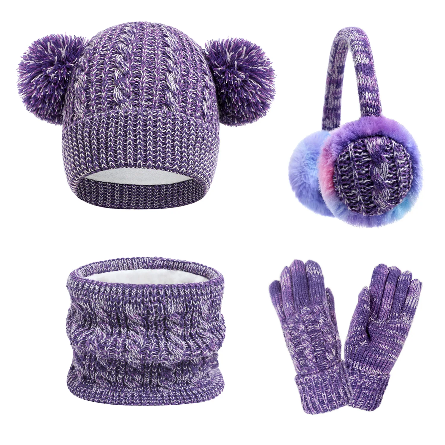 Winter Fleece Lined Cute Knit Hat Scarf Gloves Earmuffs 4 Piece Warm Set for Women Men Teen