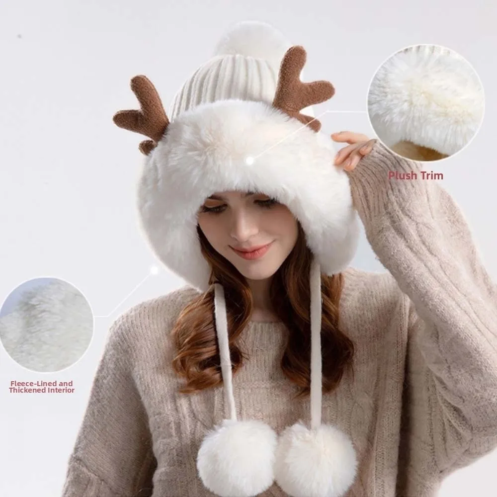 Pom Beanie Thickened Deer Antler Beanie Windproof Elastic Ear Protection Cap Thermal Breathable Fleece Lined Hat Skiing