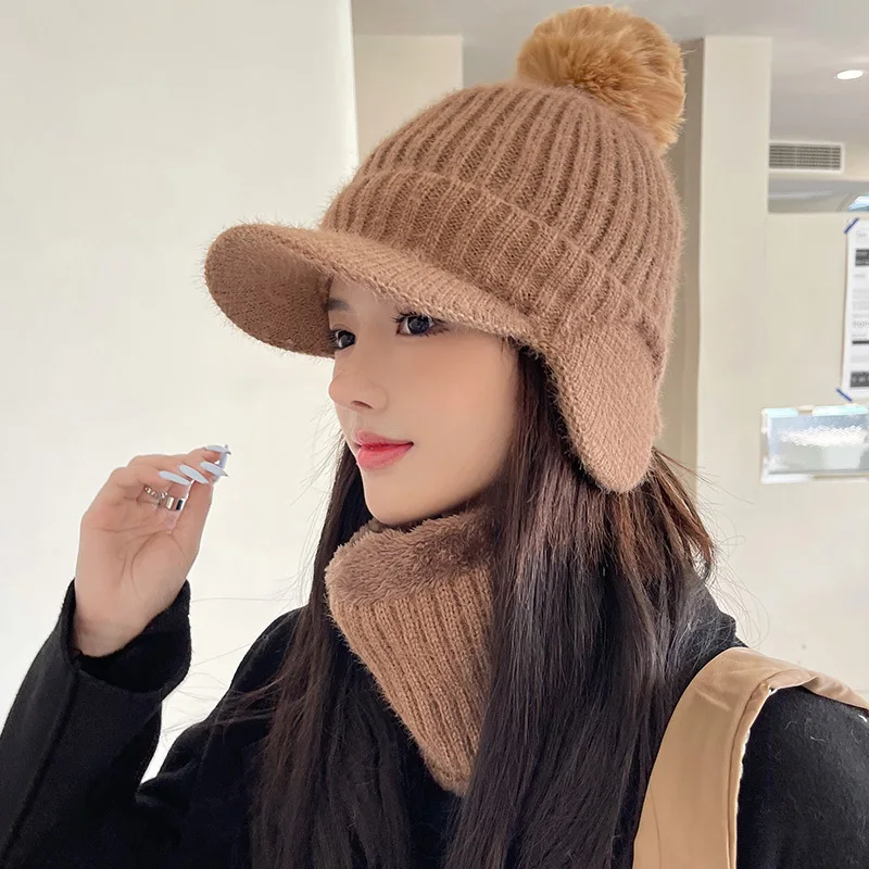 Fashion Earmuff Knitted Peaked Cap Women's Autumn and Winter Earflaps Slipover Wool Baseball Cap Warm Neckerchief Cover Tide