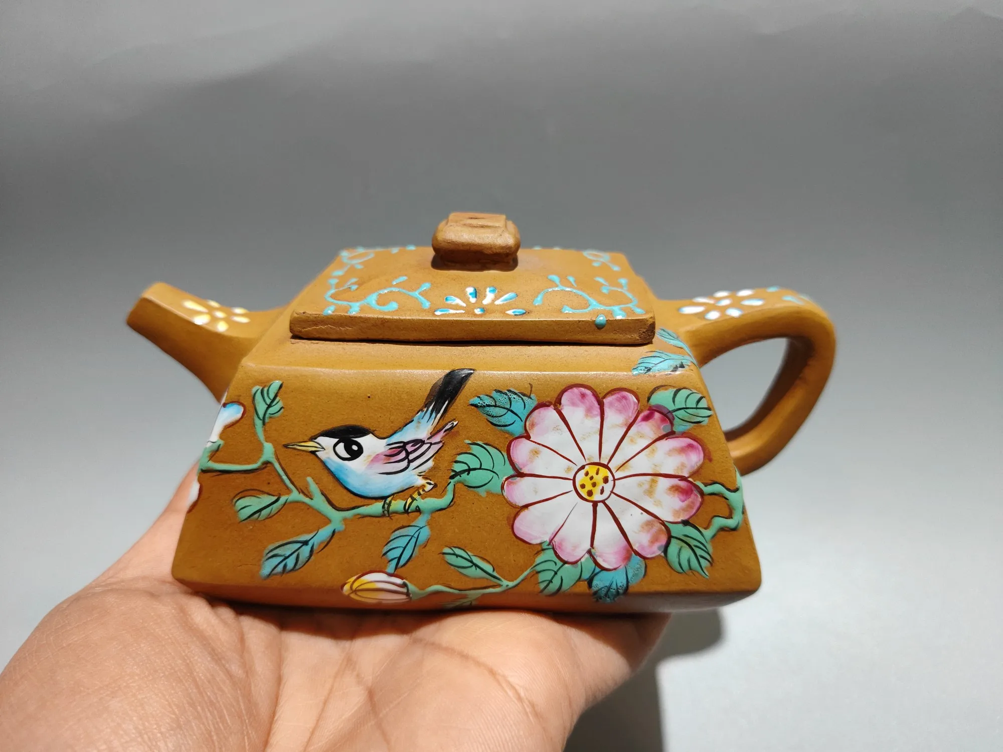 Old Yixing Purple Clay Teapot Pointillism Square Pot Magpie and Plum Blossom Tree vine pattern Trapezoidal pot Kettle Tea Maker