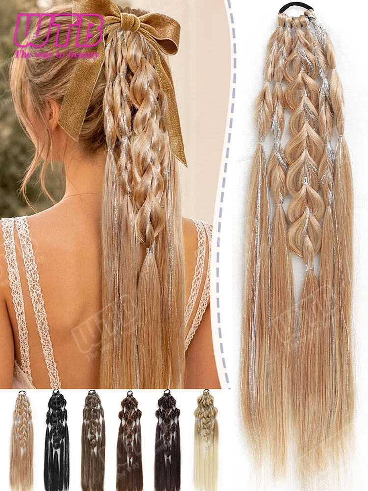 Synthetic Braid Wig Elastic Band – Voluminous Braid with Shimmering Iridescent Tinsel Suitable for Daily Wear Festivals Weddings