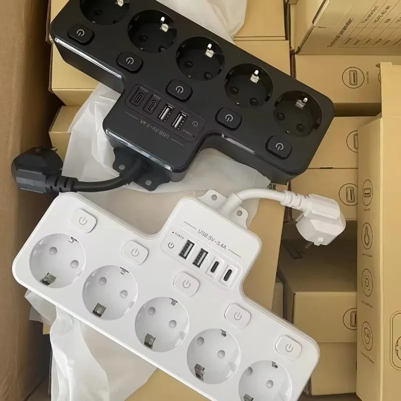 EU Standard Short Cord Multi‑Function Power Strip 4 Outlets USB Type‑C Socket Smart Home Multi Position Charging Accessory