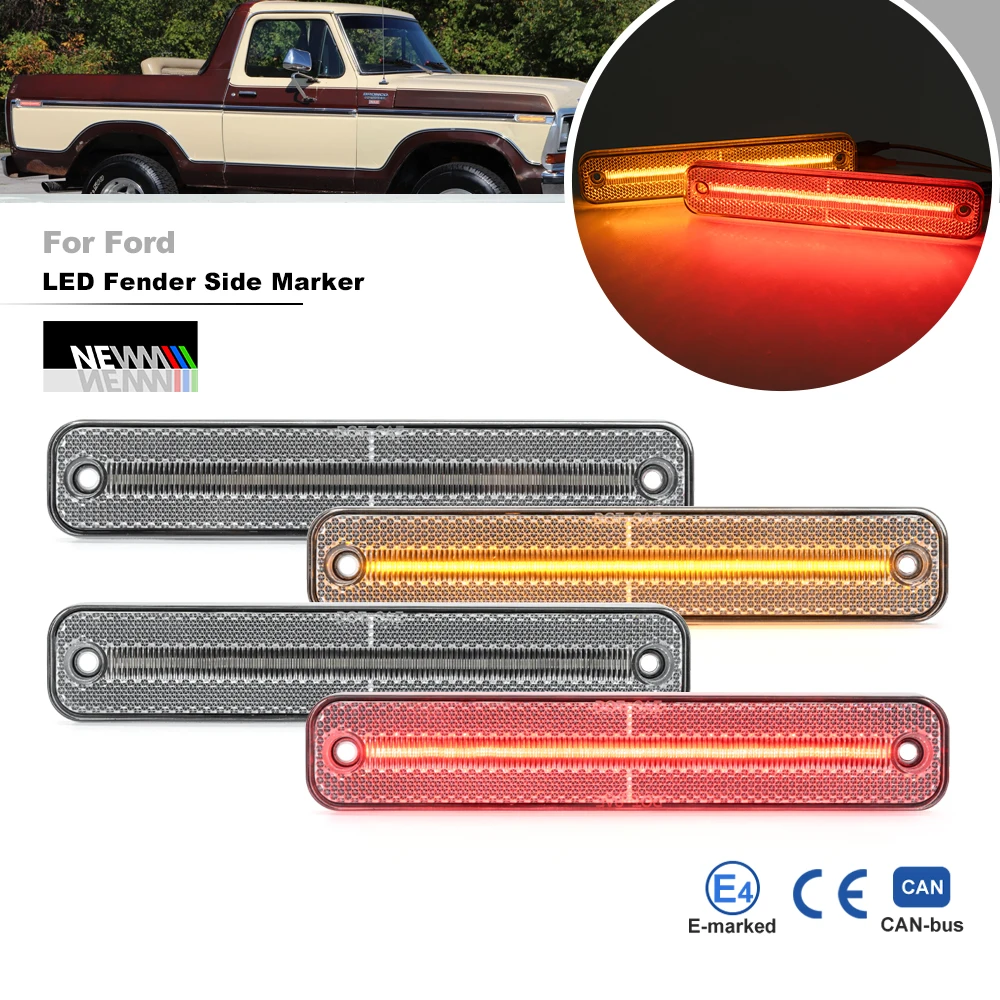 4x For Ford F-Series 100 150 250 350 E-Series Econoline Bronco Front Amber Rear Red Led Side Marker Lights Fender Flare Lamps