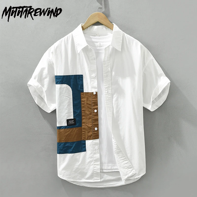 

New Patchwork Contrast Color Shirts for Man Summer Streetwear Youth Fashion Short Sleeve Men Shirt Causal Pure Cotton Top Loose