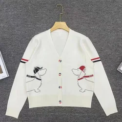 2024 Autumn New Vintage Loose Casual Knitted Cardigan Women Clothing Puppy Embroidery Thin Sweaters Chic Button Tops