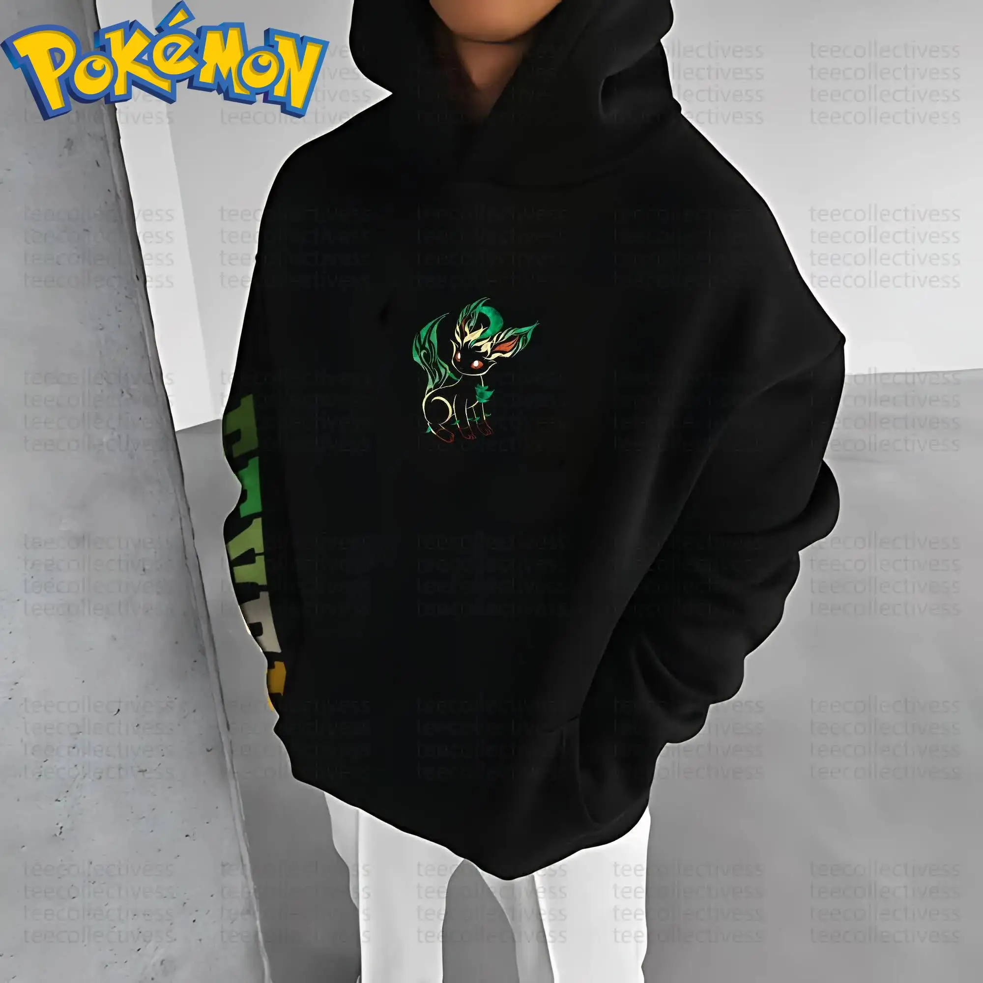 ชุดเสื้อฮู้ดผ้าฝ้ายลายโปเกมอนสไตล์ฮาราจูกุพร้อมกางเกงขายาว สีดำ พิมพ์ลายตัวละครพร้อมลวดลายใบไม้สีเขียวขาวและควัน ชุดสองชิ้น