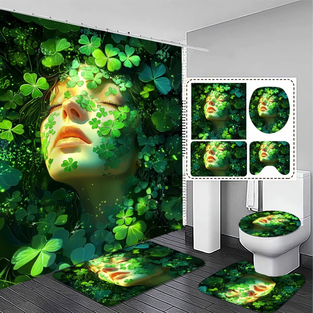 

4 шт., бестселлер, высококачественная занавеска для душа с принтом зеленого клевера и набор нескользящих ковриков для ванной - идеально подходит для декора ванной комнаты Exqu