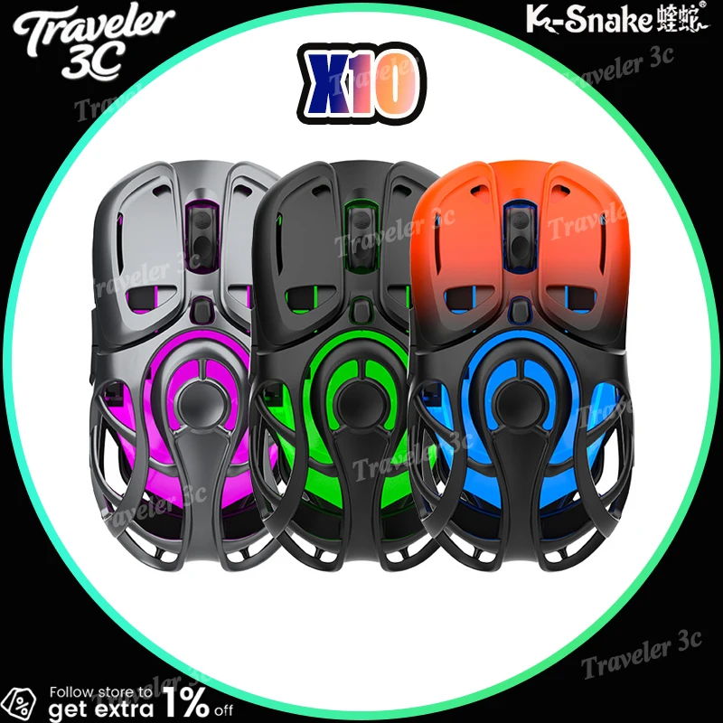 

K-Snake X10 Customized Three Mode Wireless HOLLOW OUT Gaming Mouse Lightweight Bluetooth Office 1000HZ RGB Light 400mah Laptop