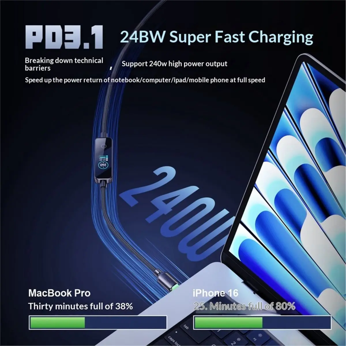 update. 240W USB C Charging Cable with Dynamic TFT Display Real-Time Power Display Zinc Alloy Charger Cbale for Smartphone