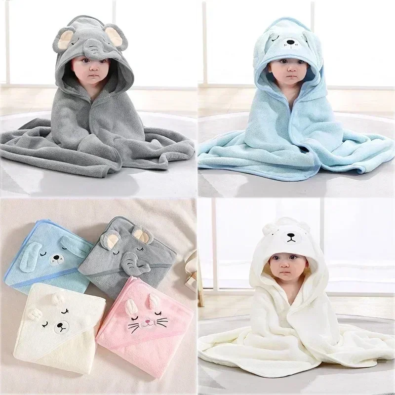 Cartoon Animal Baby Bath Towel, Newborn Girl and Boy Wrap Blanket, Absorbent Baby Bathrobe, Hooded Coral Fleece Bath Towels, 0-1