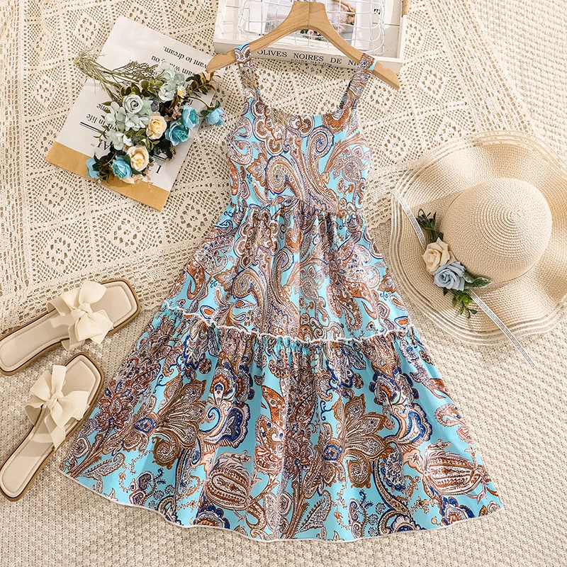 Summer Girls Paisley Print Cami Dress for 8-12Y, Bohemian Sleeveless Tiered Dress, Perfect for Beach Vacation Daily Casual Wear