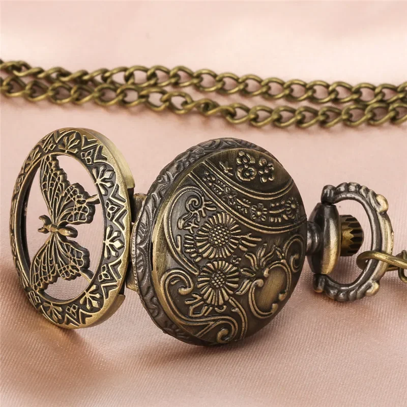 Bronze Hollow Out Butterfly Half Hunter Cover Men Women Quartz Analog Pocket Watch Necklace Chain Arabic Number Clock Timepiece