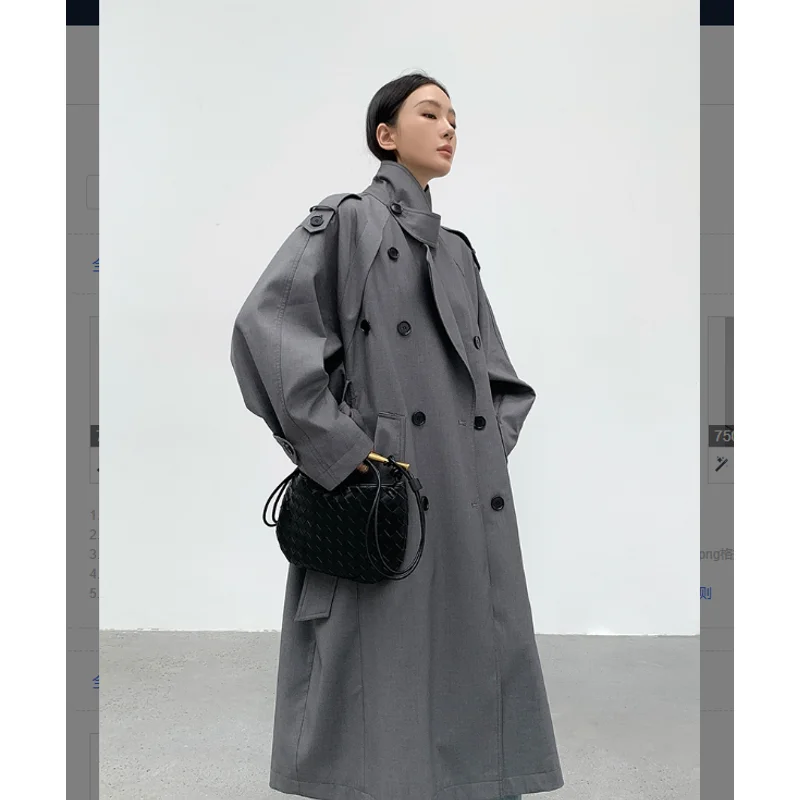 

Spring Autumn Oversized Khaki Long Grey Trench Coat for Women Double Breasted Loose Casual Korean Fashion Overcoat 2024
