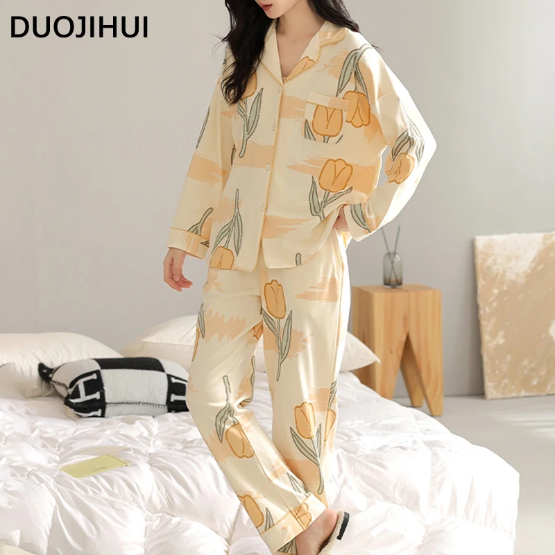 DUOJIHUO-Pyjama Décontracté à Imprimé Floral pour Femme, Chic, Doux avec Coussin de Poitrine, Cardigan, Pantalon, Simple, Automne, Nouvelle Collection