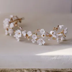 Ins Style Bridal Crown Ceramic Floral Wedding Hair Tiara Freshwater Pearls Jewelry Handmade Gold Color Women Hairband