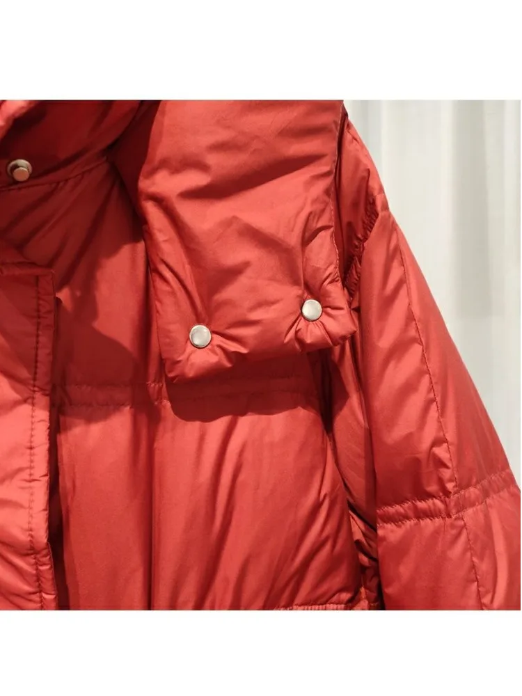 Winter Hooded Down Long Jacket Women 90% White Duck Down Coat Casual Loose Pleating Parkes Snow Windbreak Warm Outwear