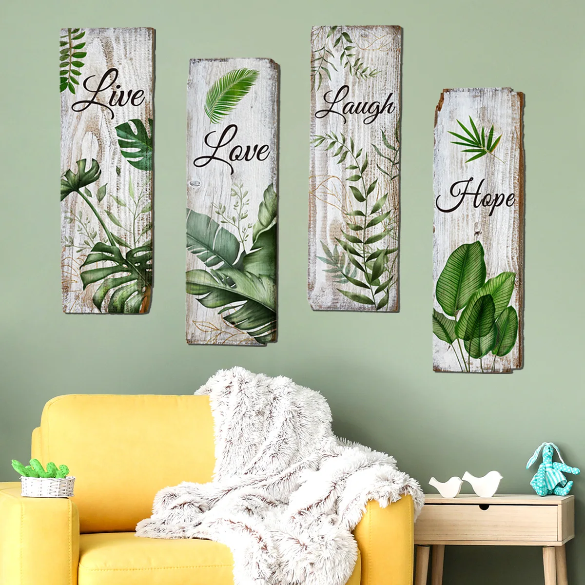 4PCS Green Leaves Tropical Plants Fake Plague Wall Sticker  Living Room Bedroom Decoration Art  Love Live Laugh Hope Quote Decal