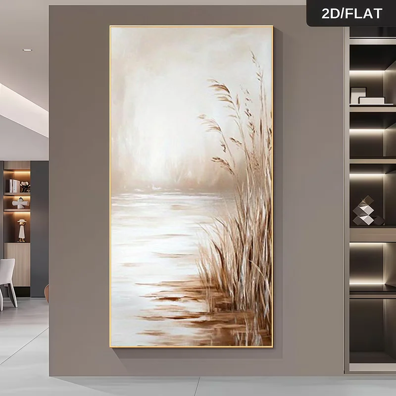 

2D Flat Large Abstract Vintage Beige Brown River Reed Canvas Wall Art - Frameless Minimalist Canvas Prints for Living Room Decor