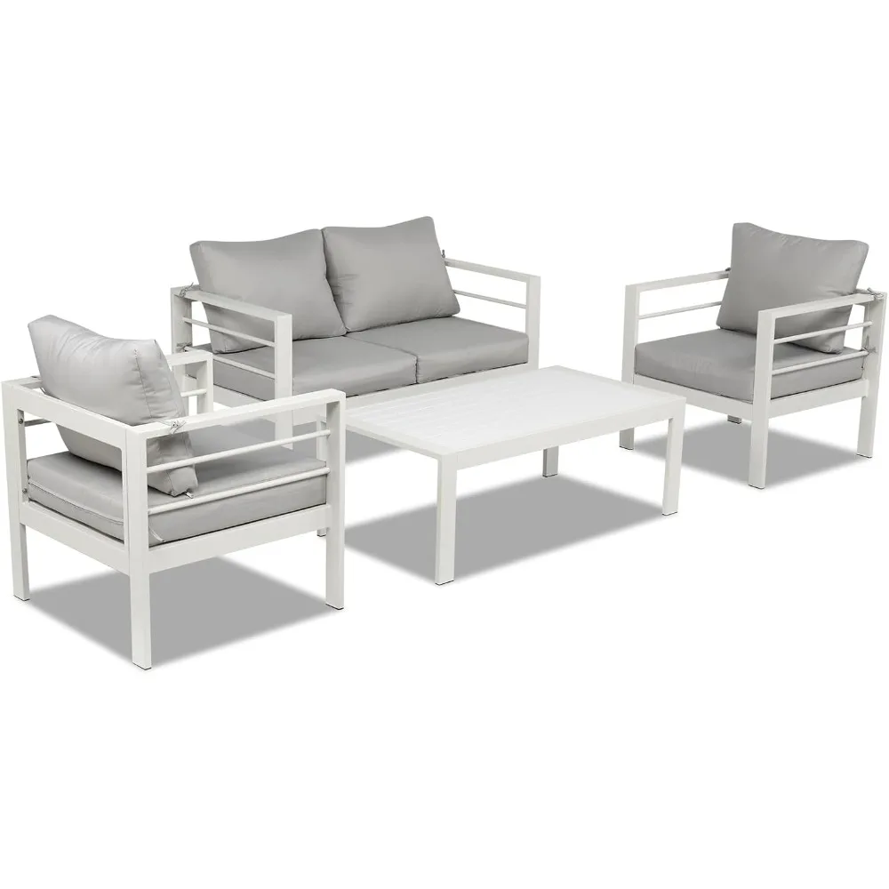 

Aluminum Patio Furniture Set 4 Seats, Outdoor Sectional with Washable Thick Cushions, Coffee Table, Patio Conversation S