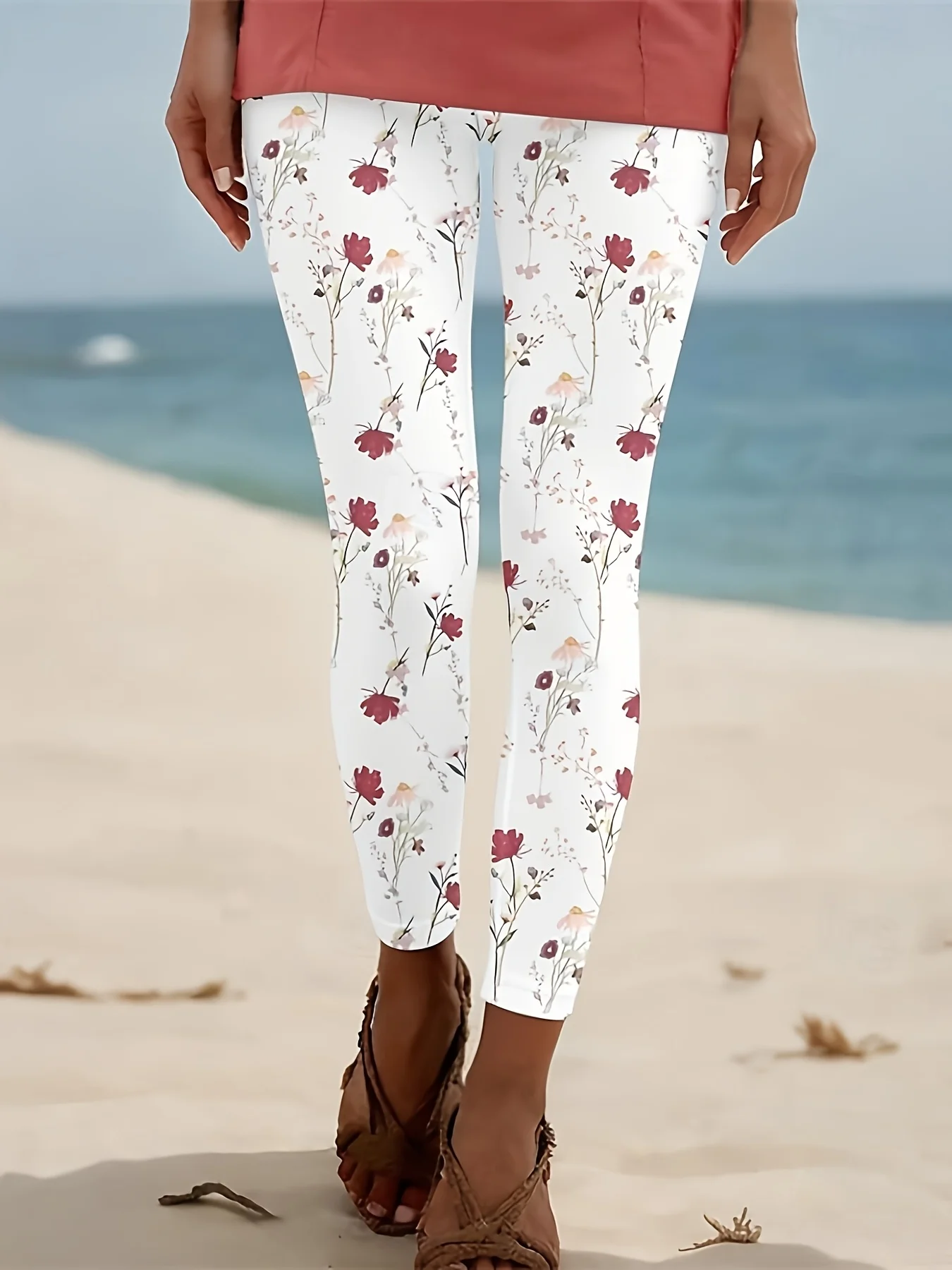 Women Mid‑Waist Fleece Lined Leggings, White Vintage Red Floral Print, Slim Warm Casual Beach Daily Pants