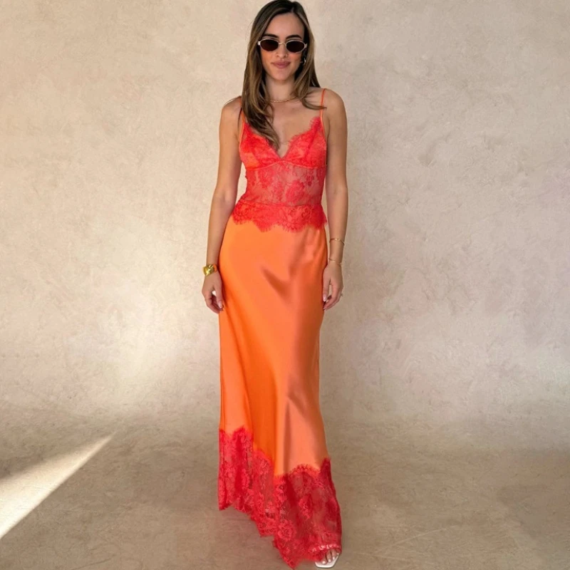 

Tsiisd Fashion Lace Sheer Camisole Long Dress Women Backless Slim Sexy V-Neck Elegance Hollow Out Halter Dress Female Maxi Dress