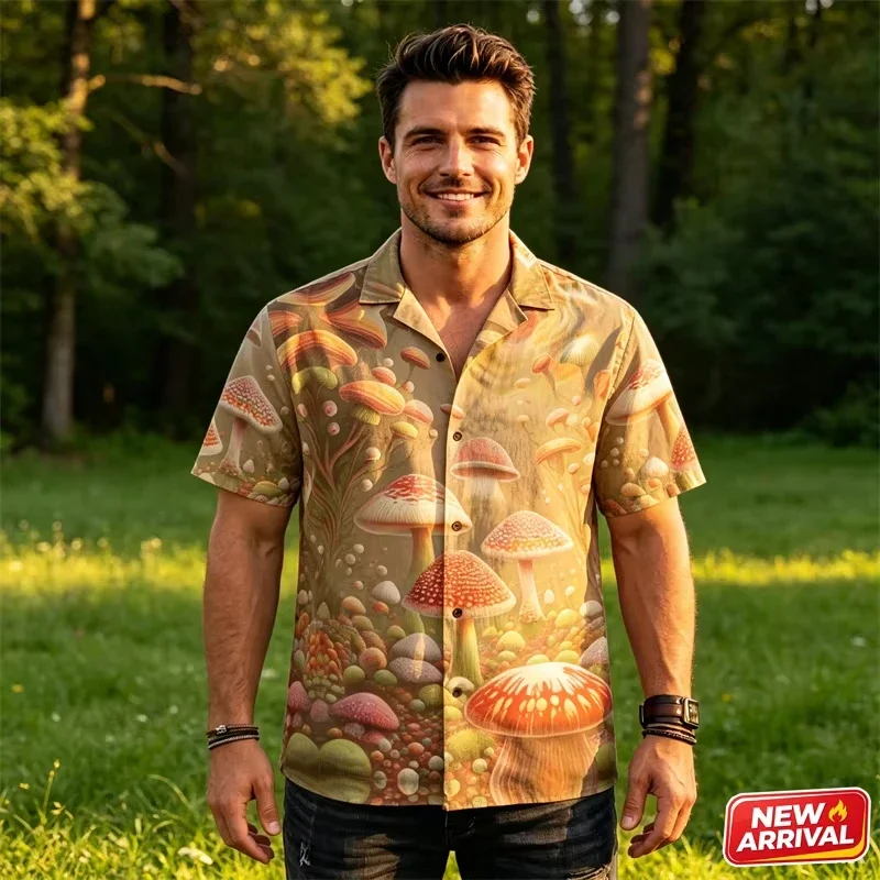 Psychedelic Mushroom Graphic Hawaiian Shirt Men 3D Print Casual Button Lapel Short Sleeve Colorful Summer Fashion Beach Shirts