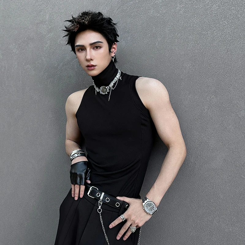 FEWQ بسيط الرجال تانك القمم أكمام الياقة المدورة بلون الصيف عادية عالية الشارع سترات ضئيلة البلوز الذكور الملابس 24K5062 #3