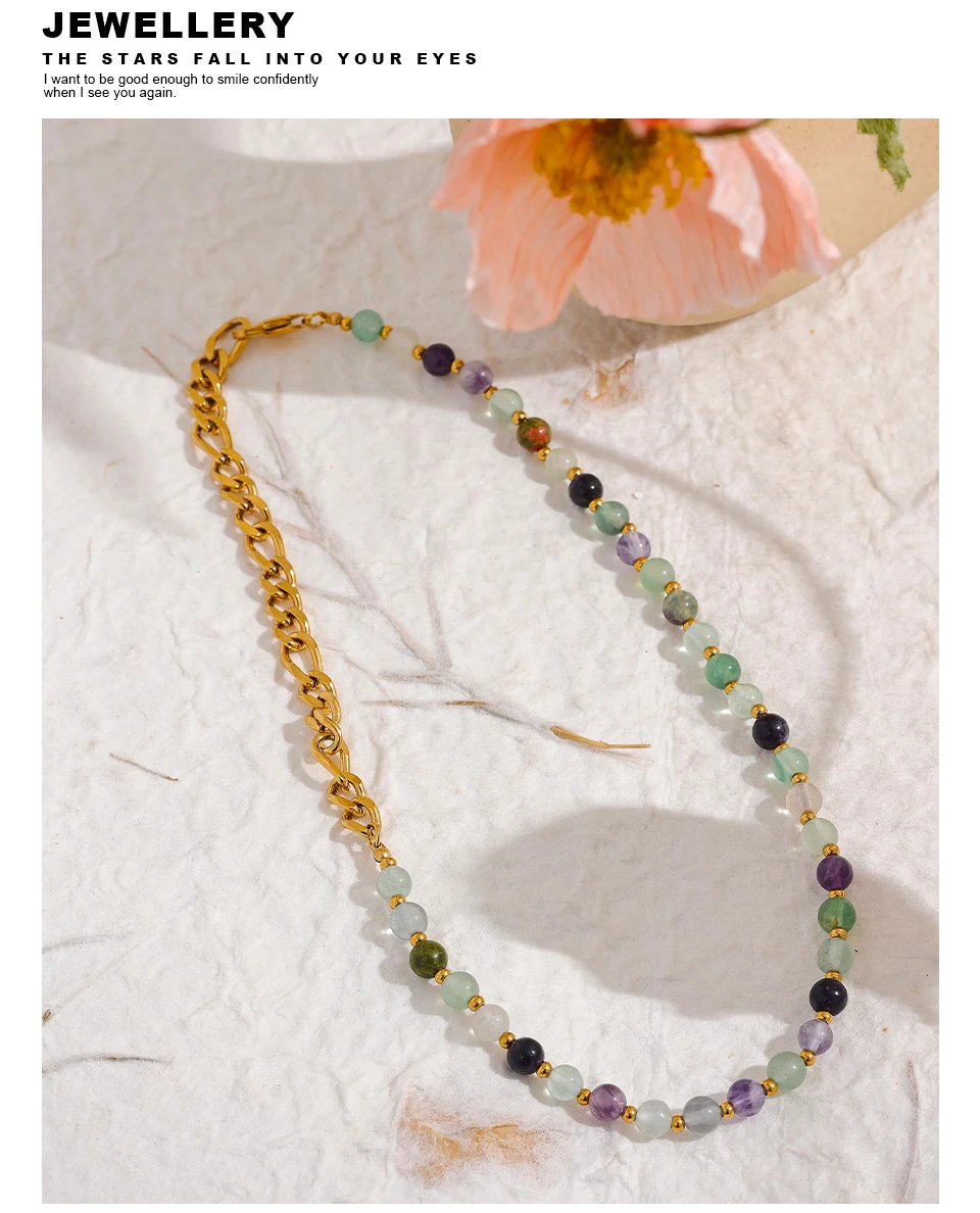 Yhpup Wasserdichte, stilvolle, bunte Natursteinperlenkette, Edelstahl-Halskette für Frauen, exquisiter handgefertigter Schmuck, neu – Detail 14