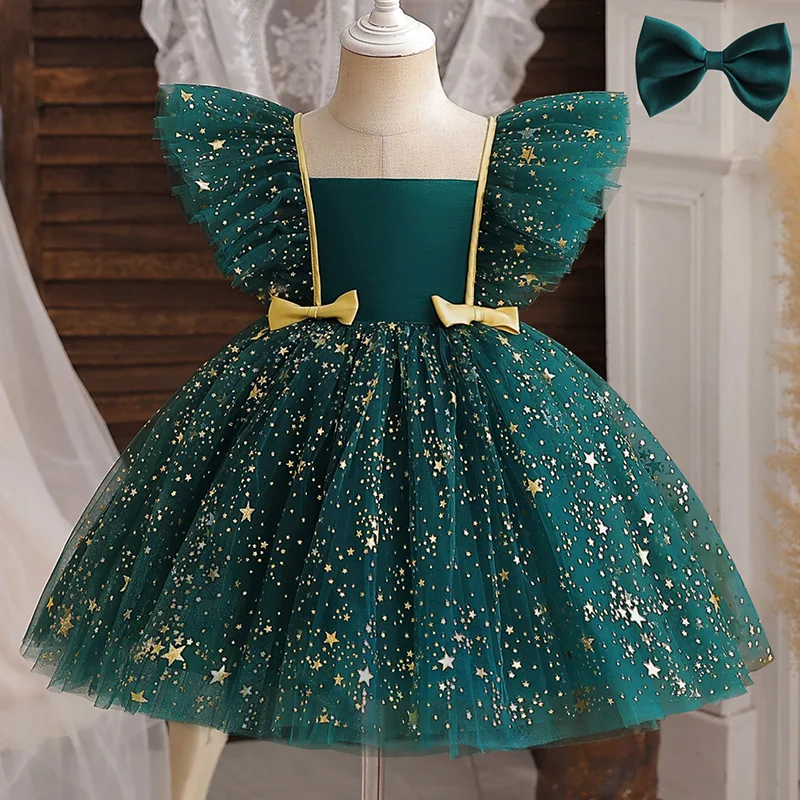 2026 Christmas New Girls' Dress, Korean Style Flutter Sleeve Star Tulle Princess Dress, Children's Performance Costume