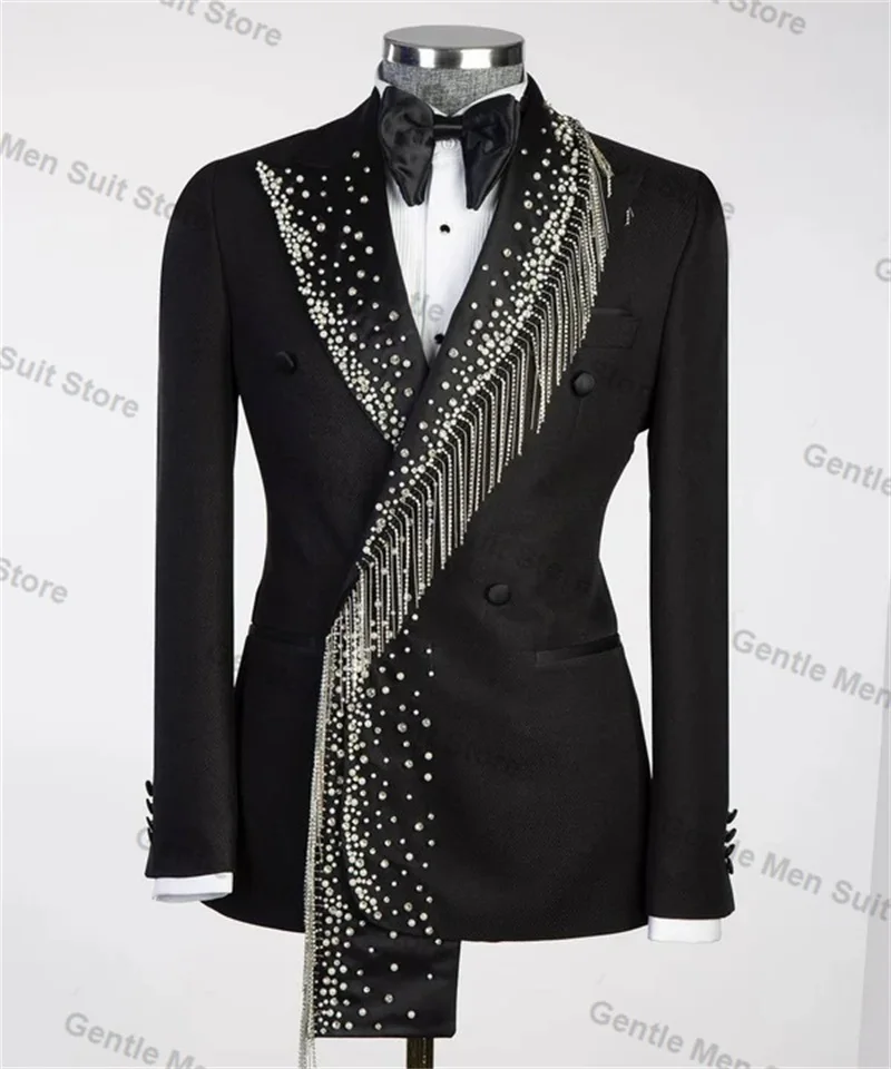 Black Crystals Beading Men Suits Set 2 pezzi Blazer + Pant Prom Groom Wedding smoking Coat giacca da ufficio formale su misura