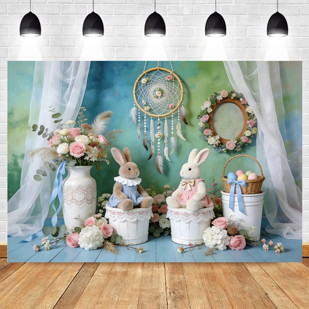 Easter Backdrop for Photograhy Flowers Rabbit Colorful Eggs Baby Shower Kids Birthday Party Decor Photo Background Photo Studio