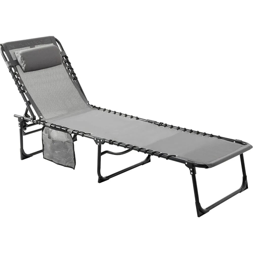 Pátio Chaise Lounge Chair, ao ar livre com bolso e travesseiro destacável, espreguiçadeira portátil, 4 dobras