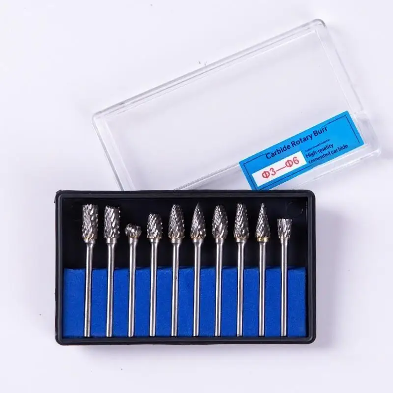 10pcs Carbide Burr Set, Hard Alloy Tungsten Steel Double Cut Rotary File Milling Cutter Head, Woodworking Grinding Carvin